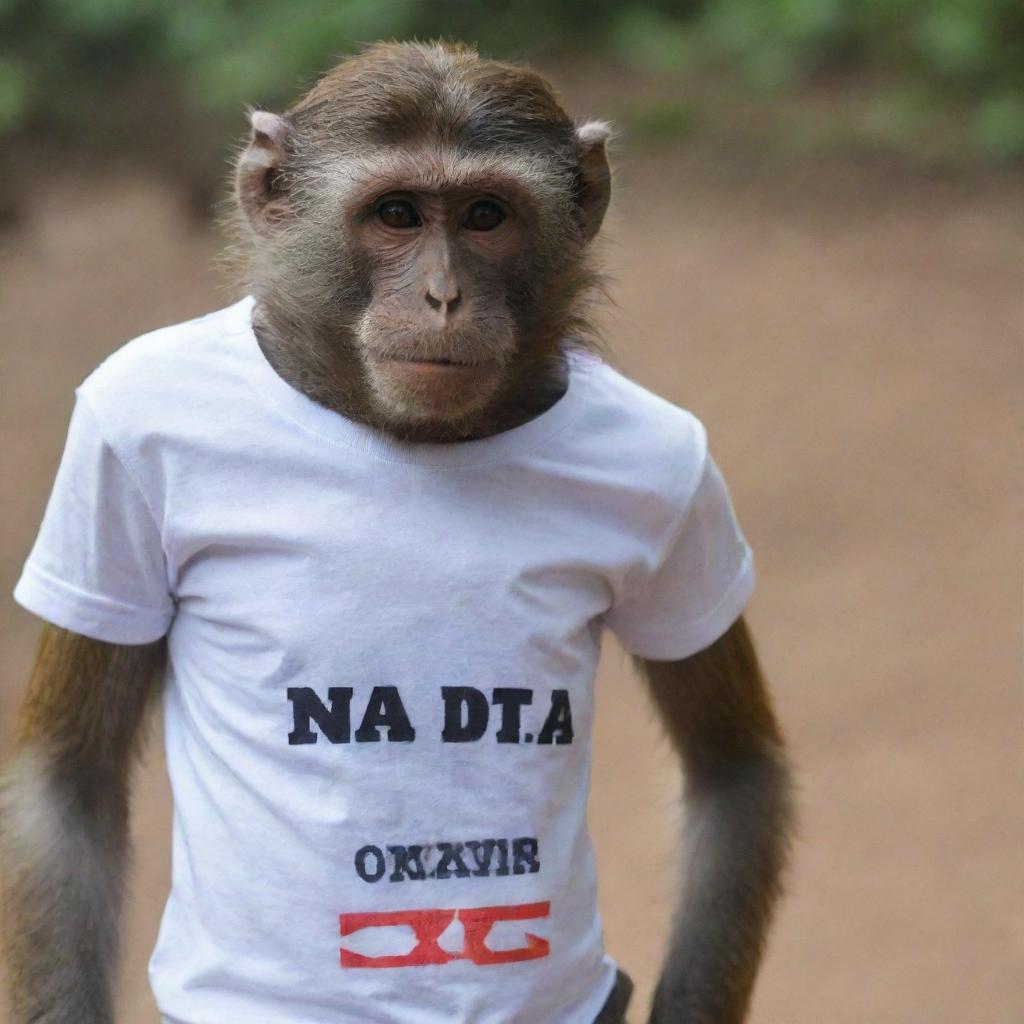 A monkey wearing a t-shirt labeled 'NANDA OKTAVIA'