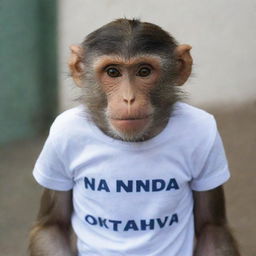 A monkey wearing a t-shirt labeled 'NANDA OKTAVIA'