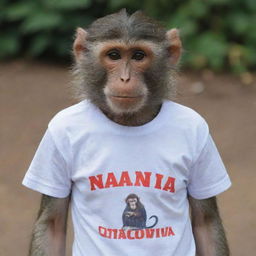 A monkey wearing a t-shirt labeled 'NANDA OKTAVIA'