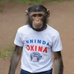 A monkey wearing a t-shirt that says 'Nanda Oktavia'