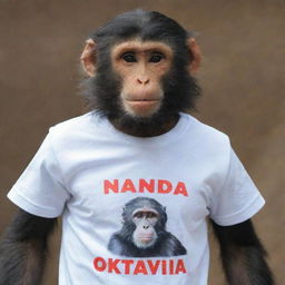 A monkey wearing a t-shirt that says 'Nanda Oktavia'