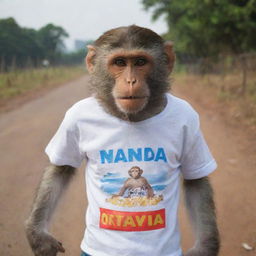 A monkey wearing a t-shirt that says 'Nanda Oktavia'