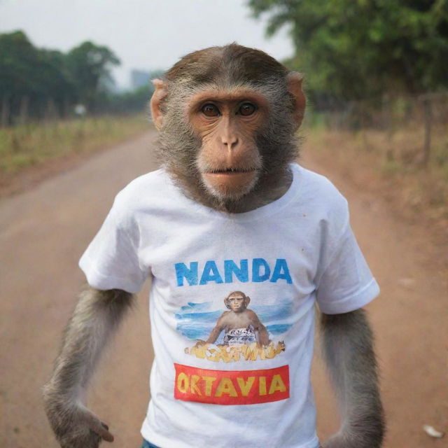 A monkey wearing a t-shirt that says 'Nanda Oktavia'