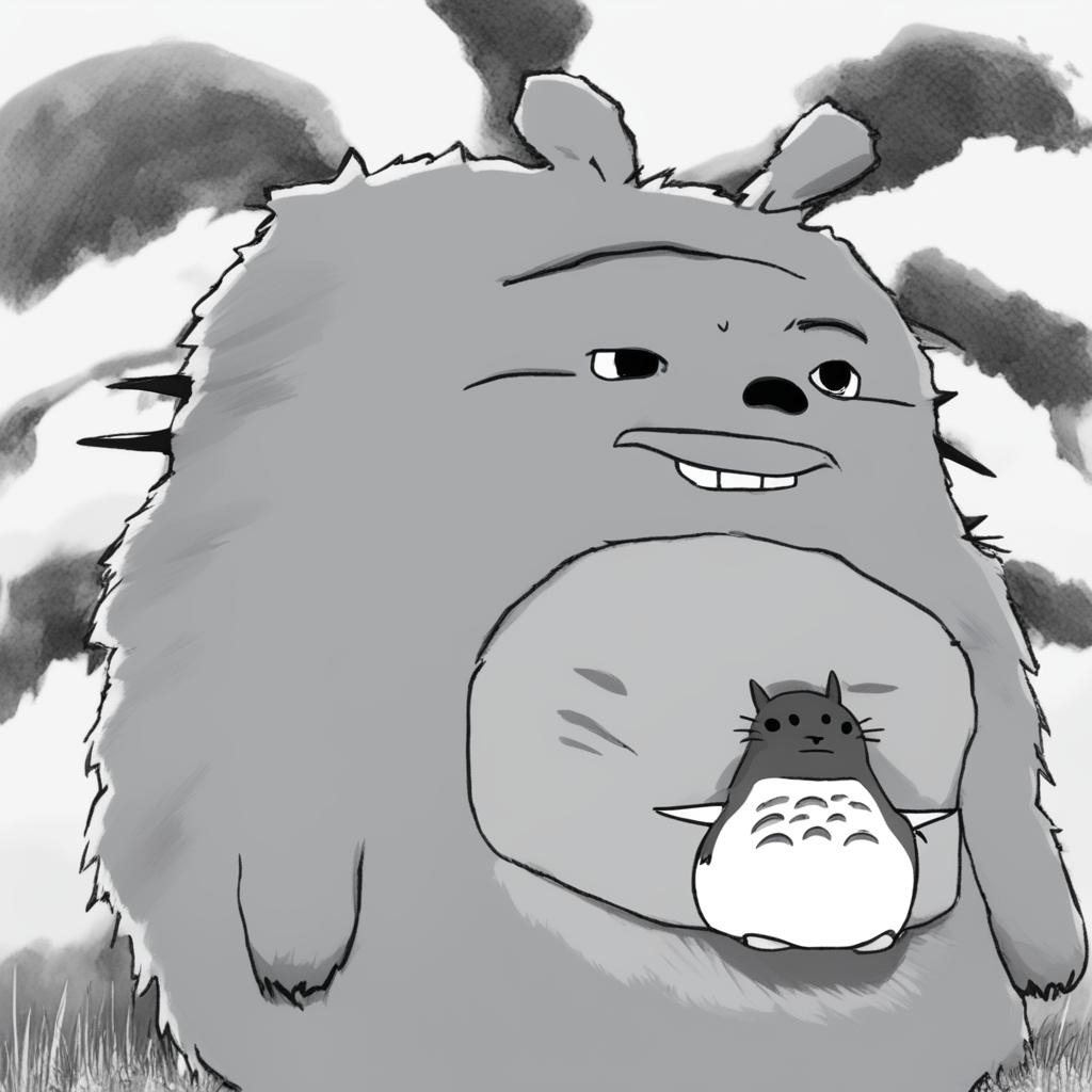 A high-quality digital art image depicting a fusion of Totoro from Studio Ghibli and the meme character, Wojak