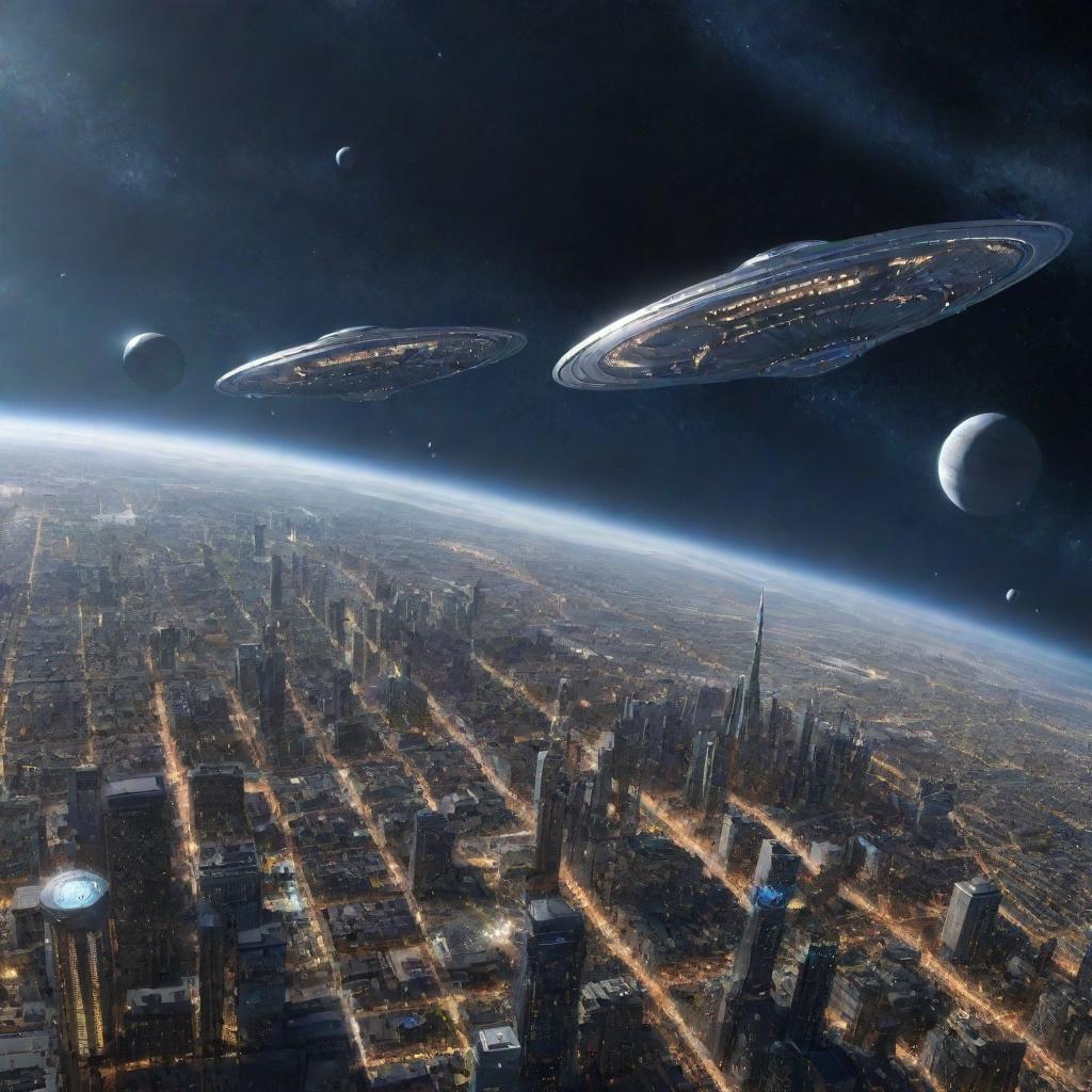 A futuristic depiction of humanity as a Type III civilization on the Kardashev scale, possessing the power to harness the energy of an entire galaxy. Cities float in space, energy structures envelop stars, and advanced spaceships travel between galaxies.