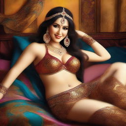 A digital art image showcasing a voluptuous belly dancer resting on a bed