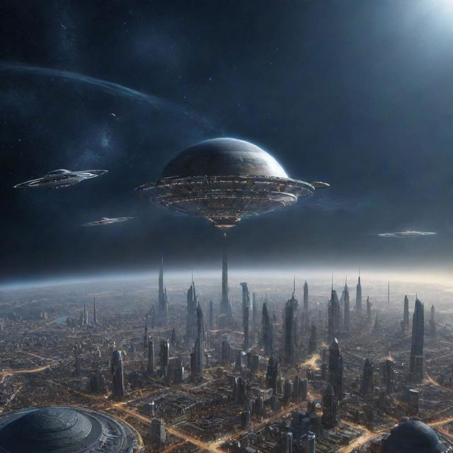 A futuristic depiction of humanity as a Type III civilization on the Kardashev scale, possessing the power to harness the energy of an entire galaxy. Cities float in space, energy structures envelop stars, and advanced spaceships travel between galaxies.