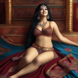 A digital art image showcasing a voluptuous belly dancer resting on a bed