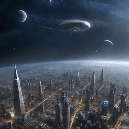 A futuristic depiction of humanity as a Type III civilization on the Kardashev scale, possessing the power to harness the energy of an entire galaxy. Cities float in space, energy structures envelop stars, and advanced spaceships travel between galaxies.