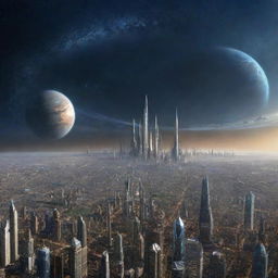 A futuristic depiction of humanity as a Type III civilization on the Kardashev scale, possessing the power to harness the energy of an entire galaxy. Cities float in space, energy structures envelop stars, and advanced spaceships travel between galaxies.