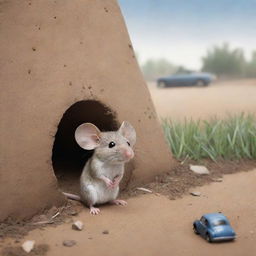 A cartoon mouse sitting outside his burrow, longingly watching cars pass by, dreaming of journeying in them.