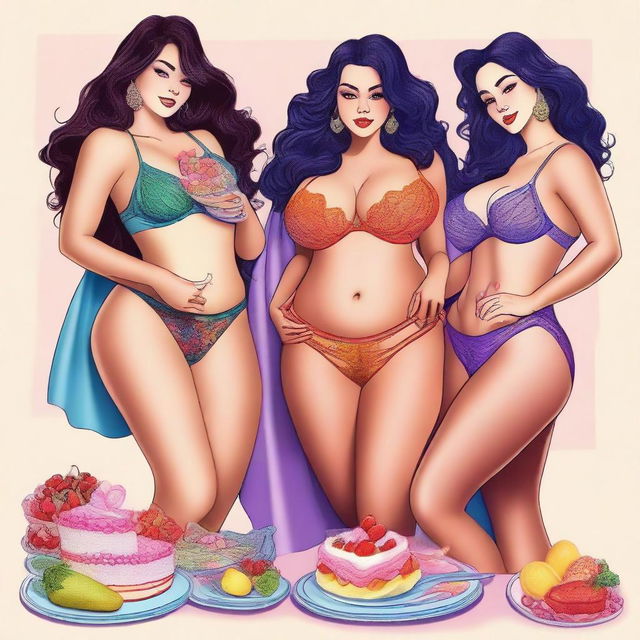 A digital art piece in high resolution, presenting four voluptuous women adorned in various colors of lingerie