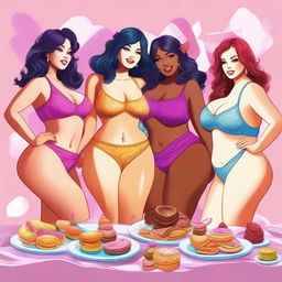 A digital art piece in high resolution, presenting four voluptuous women adorned in various colors of lingerie