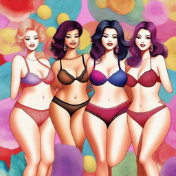 A digital art piece in high resolution, presenting four voluptuous women adorned in various colors of lingerie