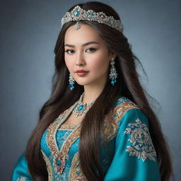 A realistic portrait of a beautiful Kazakhstani queen, adorned in a stunning traditional dress, with long, flowing hair.