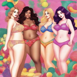 A digital art piece in high resolution, presenting four voluptuous women adorned in various colors of lingerie