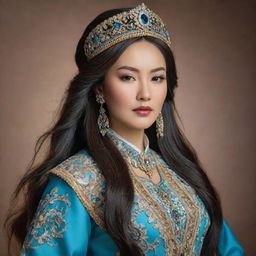 A realistic portrait of a beautiful Kazakhstani queen, adorned in a stunning traditional dress, with long, flowing hair.