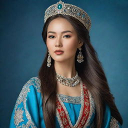 A realistic portrait of a beautiful Kazakhstani queen, adorned in a stunning traditional dress, with long, flowing hair.