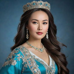 A realistic portrait of a beautiful Kazakhstani queen, adorned in a stunning traditional dress, with long, flowing hair.