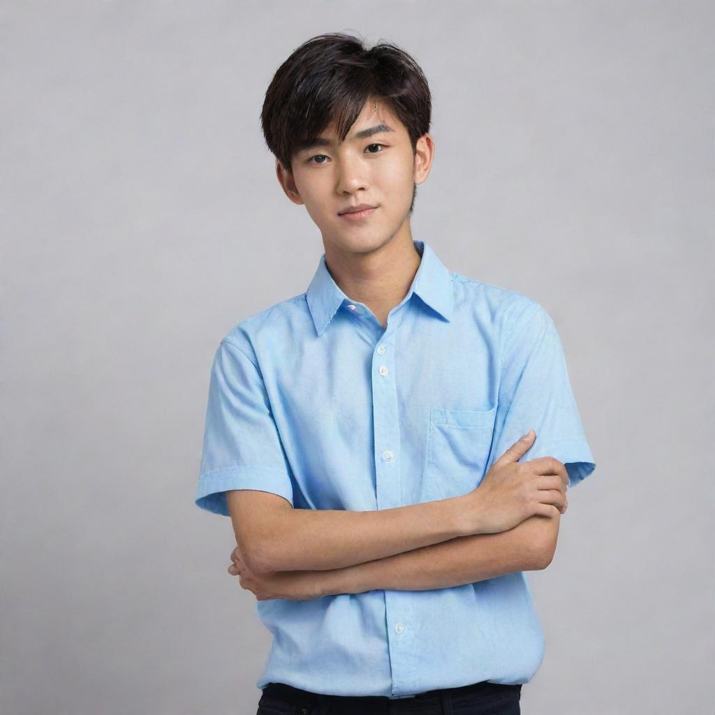 Handsome Asian teenage boy wearing a light blue shirt