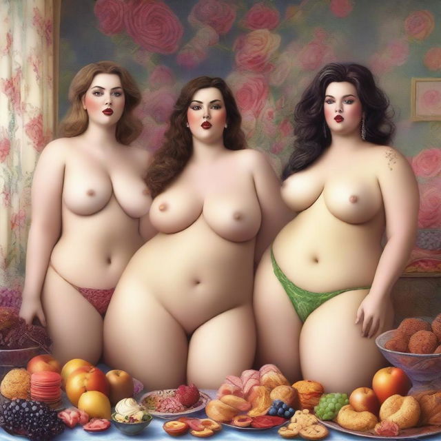 A high-quality, realistic digital art image featuring four voluptuous women, each adorned in different colored lingerie