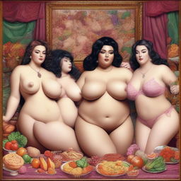 A high-quality, realistic digital art image featuring four voluptuous women, each adorned in different colored lingerie