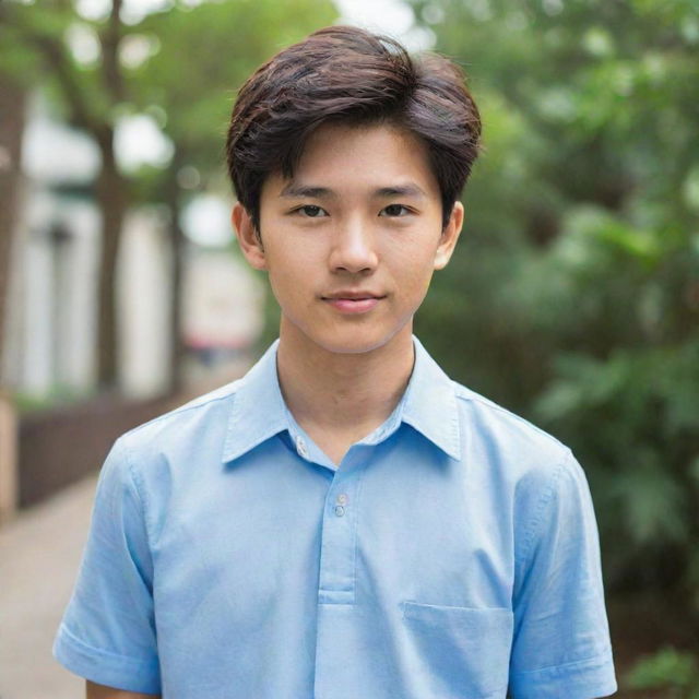 Handsome Asian teenage boy wearing a light blue shirt