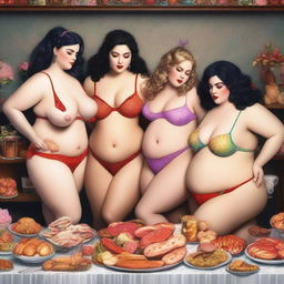 A high-quality, realistic digital art image featuring four voluptuous women, each adorned in different colored lingerie