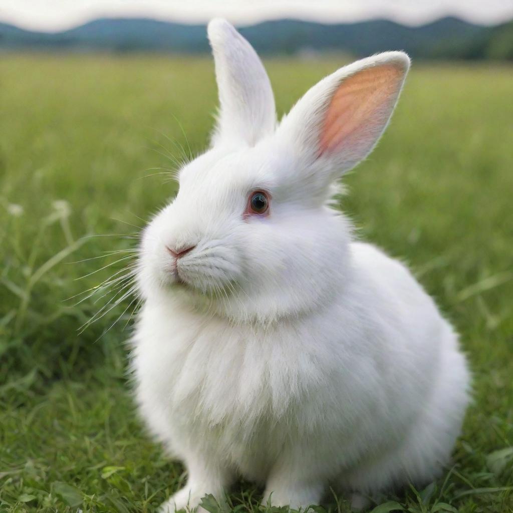 A cute, fluffy white rabbit sitting in a lush green meadow