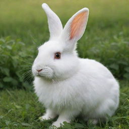 A cute, fluffy white rabbit sitting in a lush green meadow