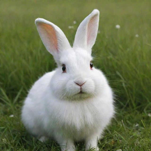 A cute, fluffy white rabbit sitting in a lush green meadow