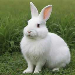 A cute, fluffy white rabbit sitting in a lush green meadow