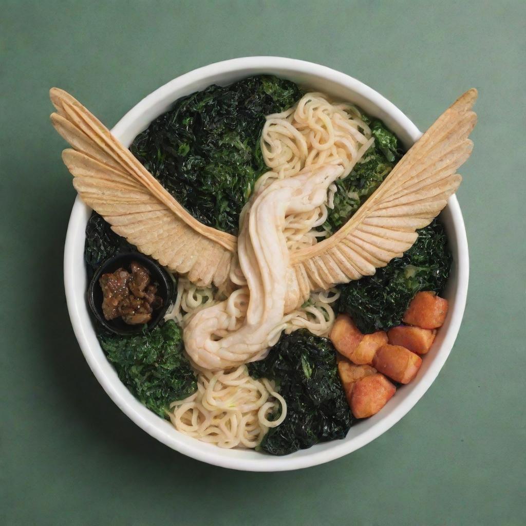 A reinterpretation of a pharmacy logo, replacing the traditional rod with chopsticks, the serpents with ramen noodles, and the wings with seaweed paper. Keep the overall arrangement the same, but with a fun food twist.