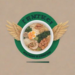 A reinterpretation of a pharmacy logo, replacing the traditional rod with chopsticks, the serpents with ramen noodles, and the wings with seaweed paper. Keep the overall arrangement the same, but with a fun food twist.