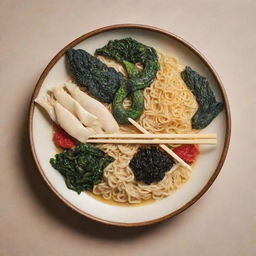 A reinterpretation of a pharmacy logo, replacing the traditional rod with chopsticks, the serpents with ramen noodles, and the wings with seaweed paper. Keep the overall arrangement the same, but with a fun food twist.