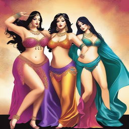 A high-quality digital art image features four voluptuous women