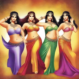 A high-quality digital art image features four voluptuous women