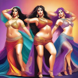 A high-quality digital art image features four voluptuous women