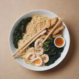 A reinterpretation of a pharmacy logo, replacing the traditional rod with chopsticks, the serpents with ramen noodles, and the wings with seaweed paper. Keep the overall arrangement the same, but with a fun food twist.