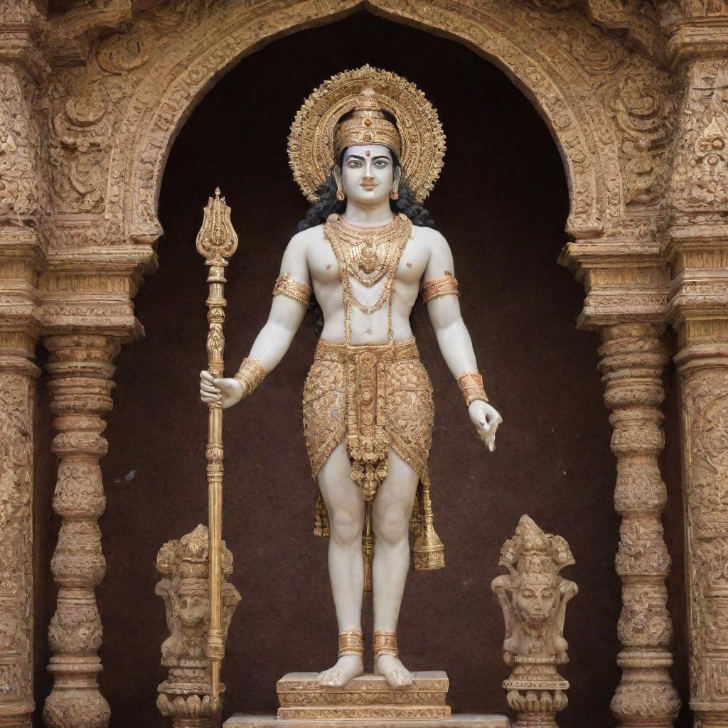 A majestic statue of Shree Ram located inside an ornate, ancient temple