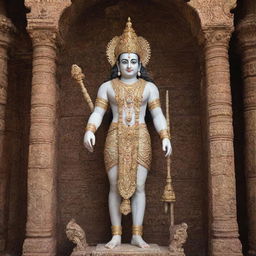 A majestic statue of Shree Ram located inside an ornate, ancient temple