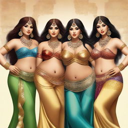 A high-quality, digital art rendering of four voluptuous women, each donning traditional belly dancing attire