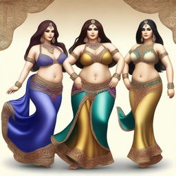 A high-quality, digital art rendering of four voluptuous women, each donning traditional belly dancing attire