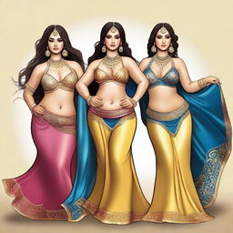 A high-quality, digital art rendering of four voluptuous women, each donning traditional belly dancing attire