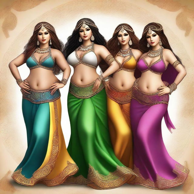 A high-quality, digital art rendering of four voluptuous women, each donning traditional belly dancing attire