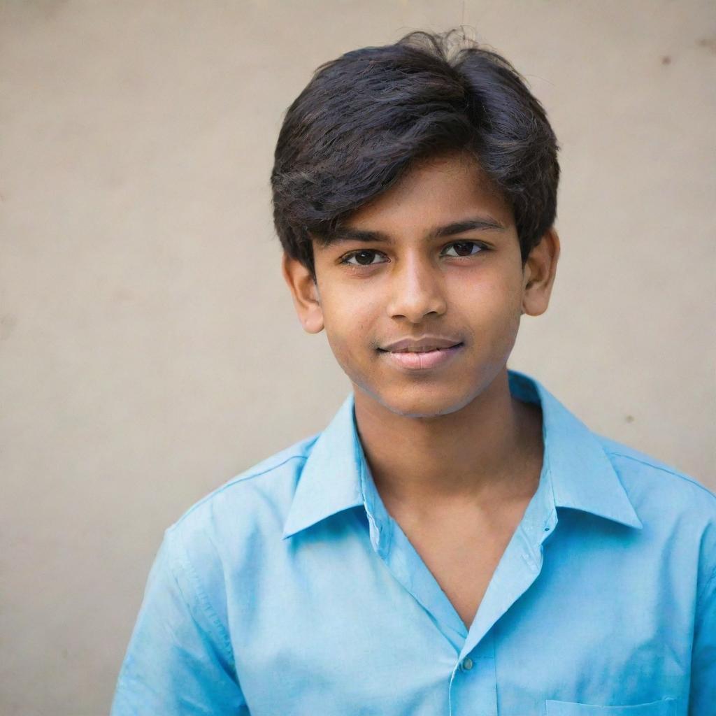 Portrait of a handsome teenage Indian boy wearing a light blue shirt.