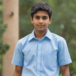 Portrait of a handsome teenage Indian boy wearing a light blue shirt.