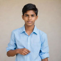 Portrait of a handsome teenage Indian boy wearing a light blue shirt.