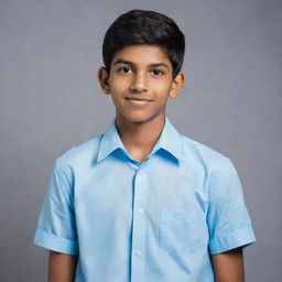 Portrait of a handsome teenage Indian boy wearing a light blue shirt.