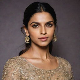 A bold and confident Deepika Padukone standing straight with her determined eyes looking forward.